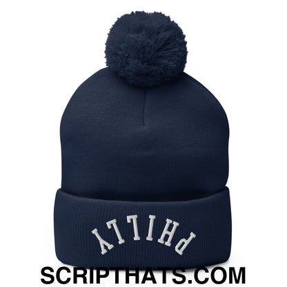 Upside Down Philly Embroidered Pom Pom Knit Beanie Navy