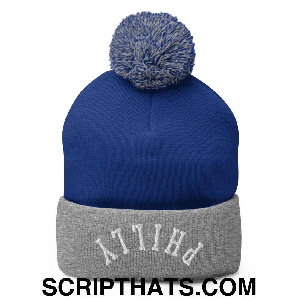 Upside Down Philly Embroidered Pom Pom Knit Beanie Royal Heather Grey