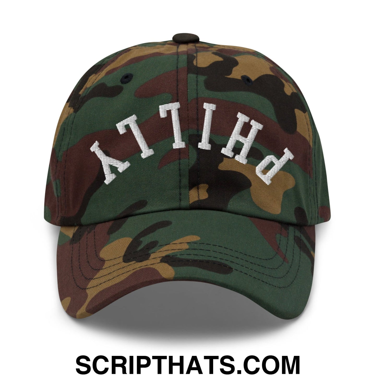 Upside Down Philly Embroidered Unstructured Dad Hat Green Camo