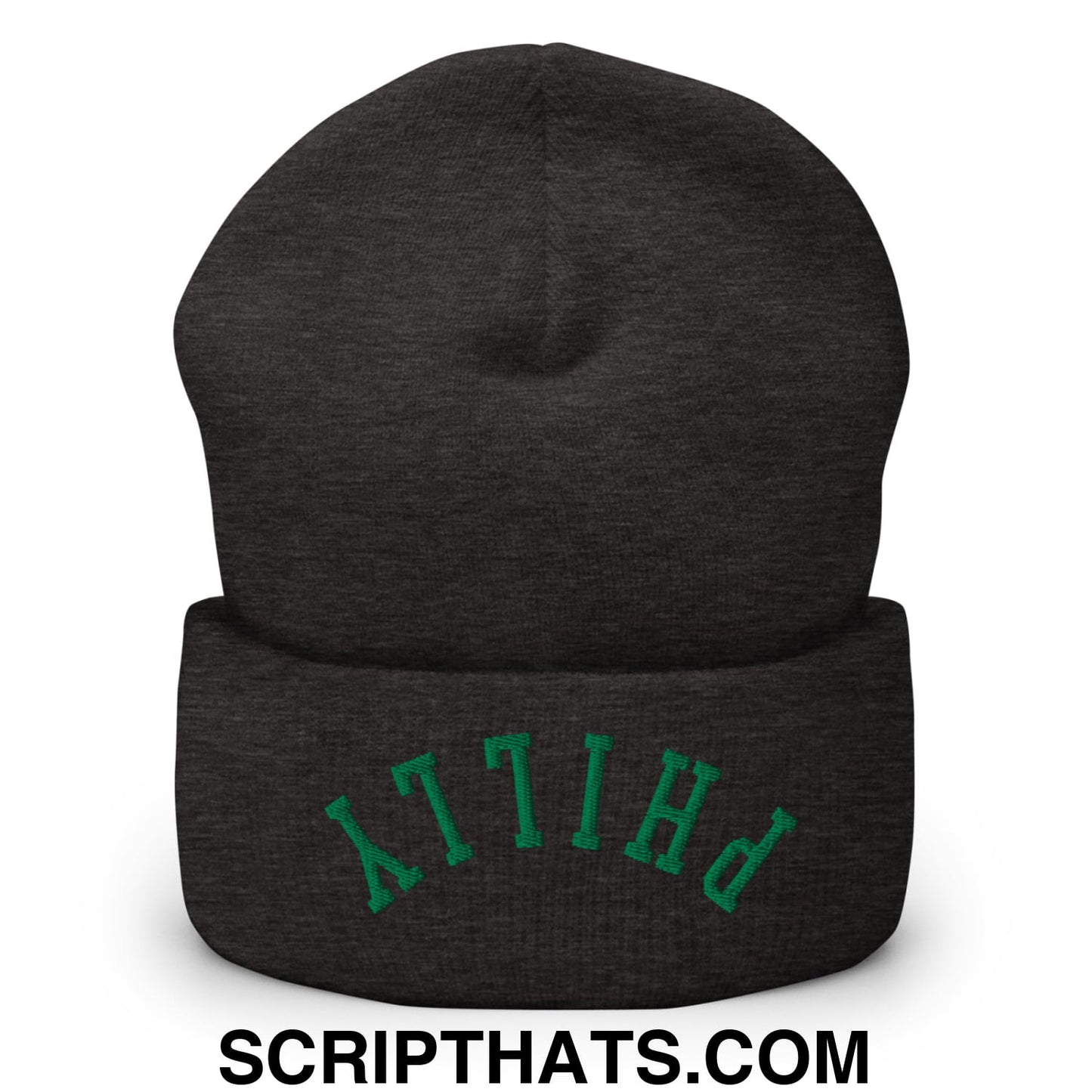 Upside Down Philly Football Embroidered Cuffed Knit Beanie Dark Grey