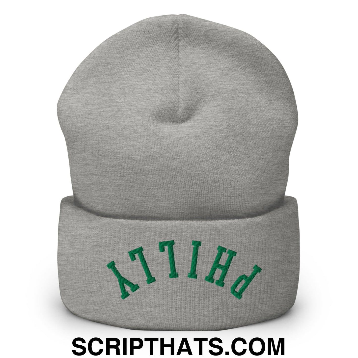 Upside Down Philly Football Embroidered Cuffed Knit Beanie Heather Grey