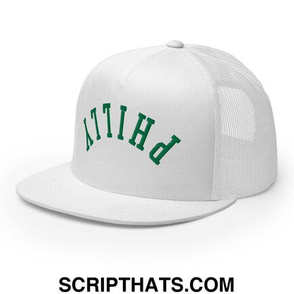 Upside Down Philly Football Embroidered Flat Bill Brim Trucker Hat White