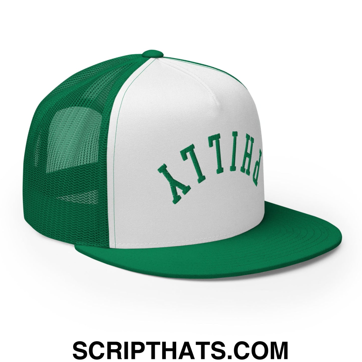 Upside Down Philly Football Embroidered Flat Bill Brim Trucker Hat Kelly White Kelly