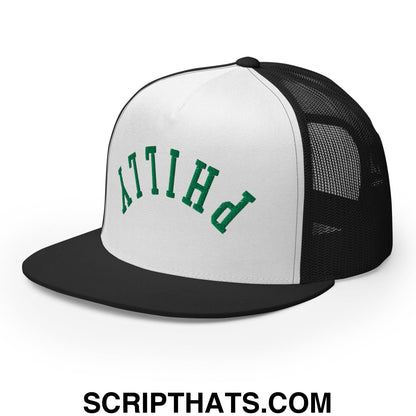 Upside Down Philly Football Embroidered Flat Bill Brim Trucker Hat Black White Black