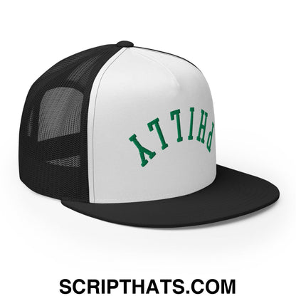 Upside Down Philly Football Embroidered Flat Bill Brim Trucker Hat Black White Black