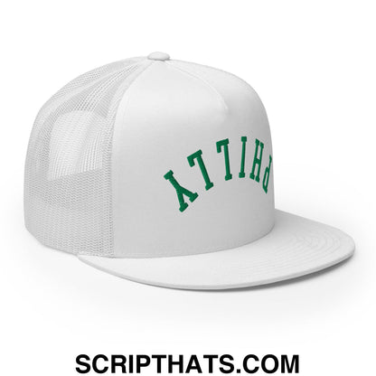 Upside Down Philly Football Embroidered Flat Bill Brim Trucker Hat White