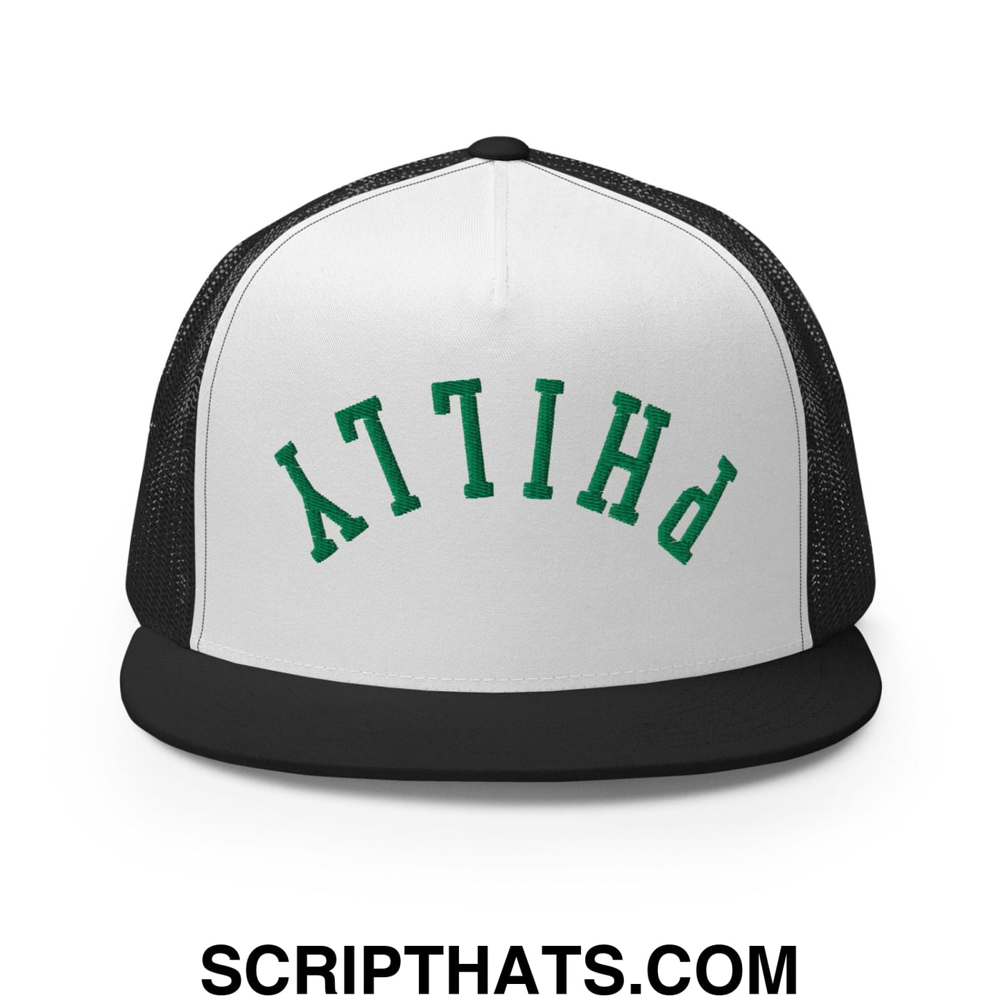 Upside Down Philly Football Embroidered Flat Bill Brim Trucker Hat Black White Black