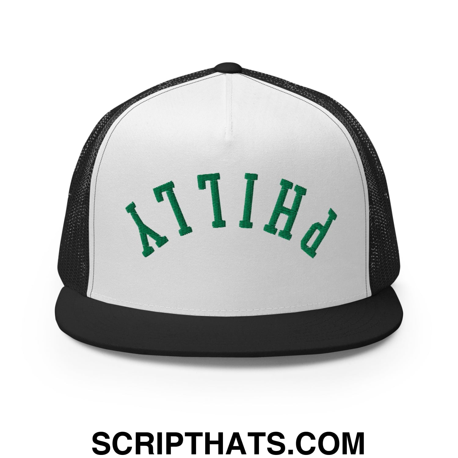 Upside Down Philly Football Embroidered Flat Bill Brim Trucker Hat Black White Black