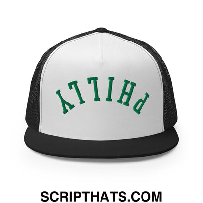 Upside Down Philly Football Embroidered Flat Bill Brim Trucker Hat Black White Black
