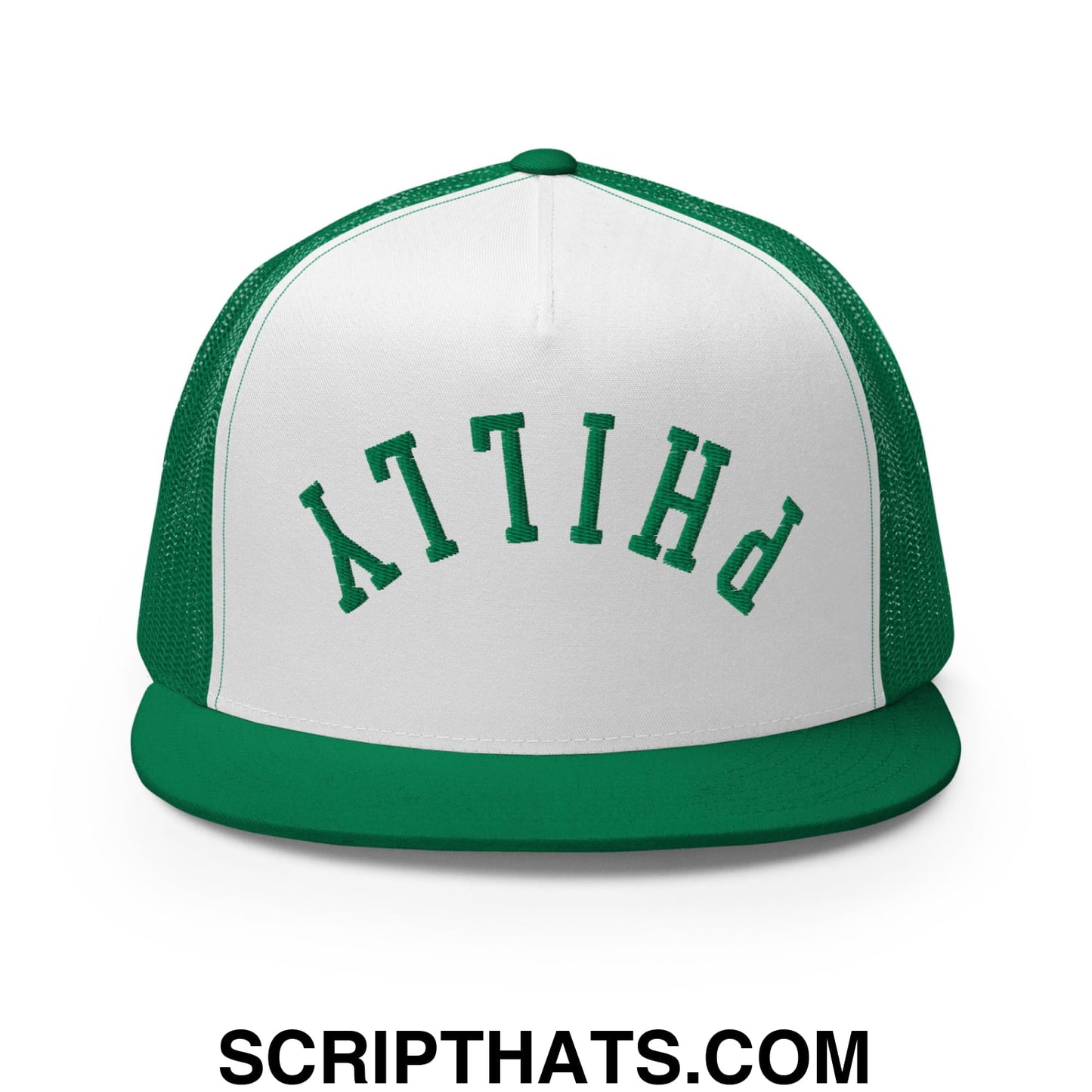 Upside Down Philly Football Embroidered Flat Bill Brim Trucker Hat Kelly White Kelly