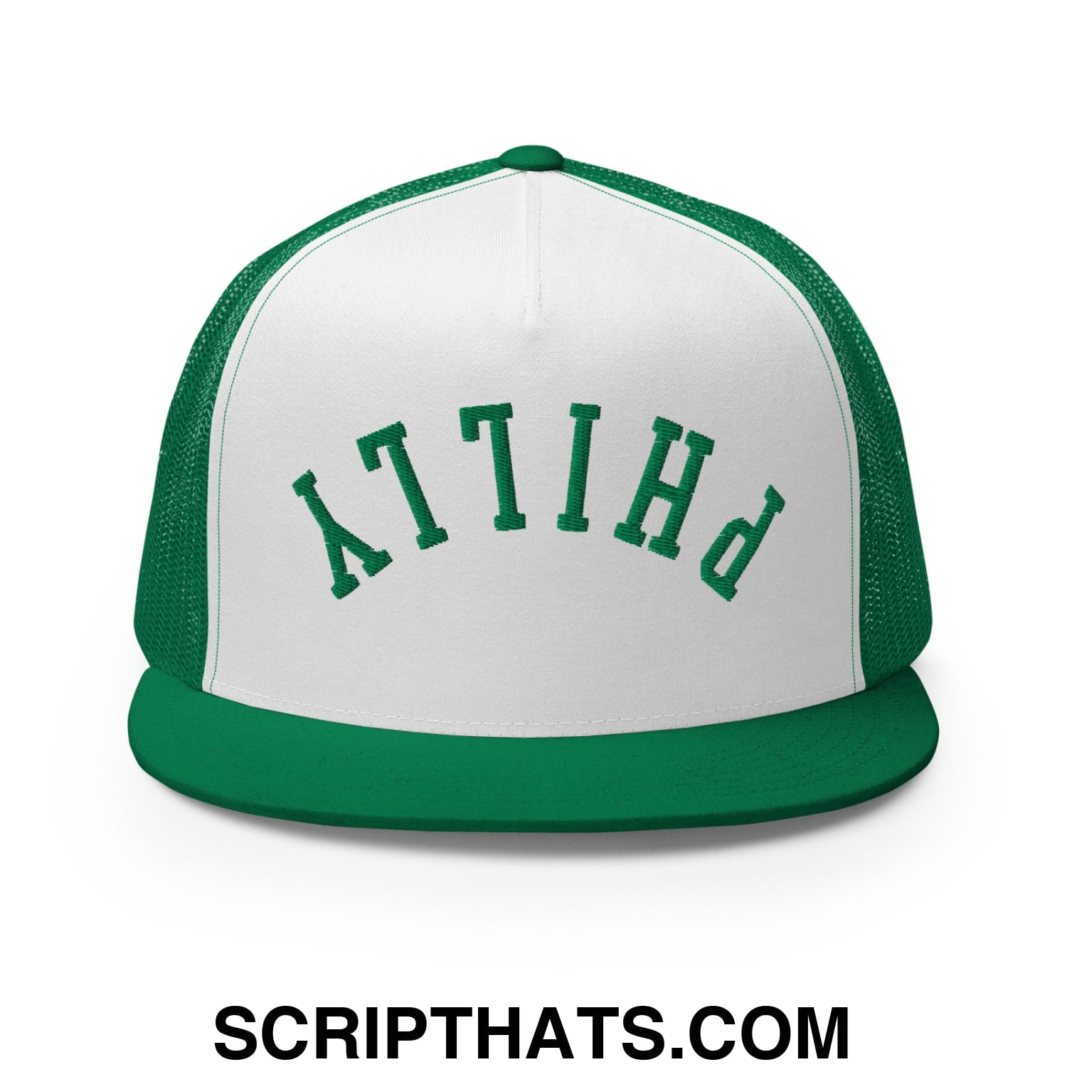 Upside Down Philly Football Embroidered Flat Bill Brim Trucker Hat Kelly White Kelly