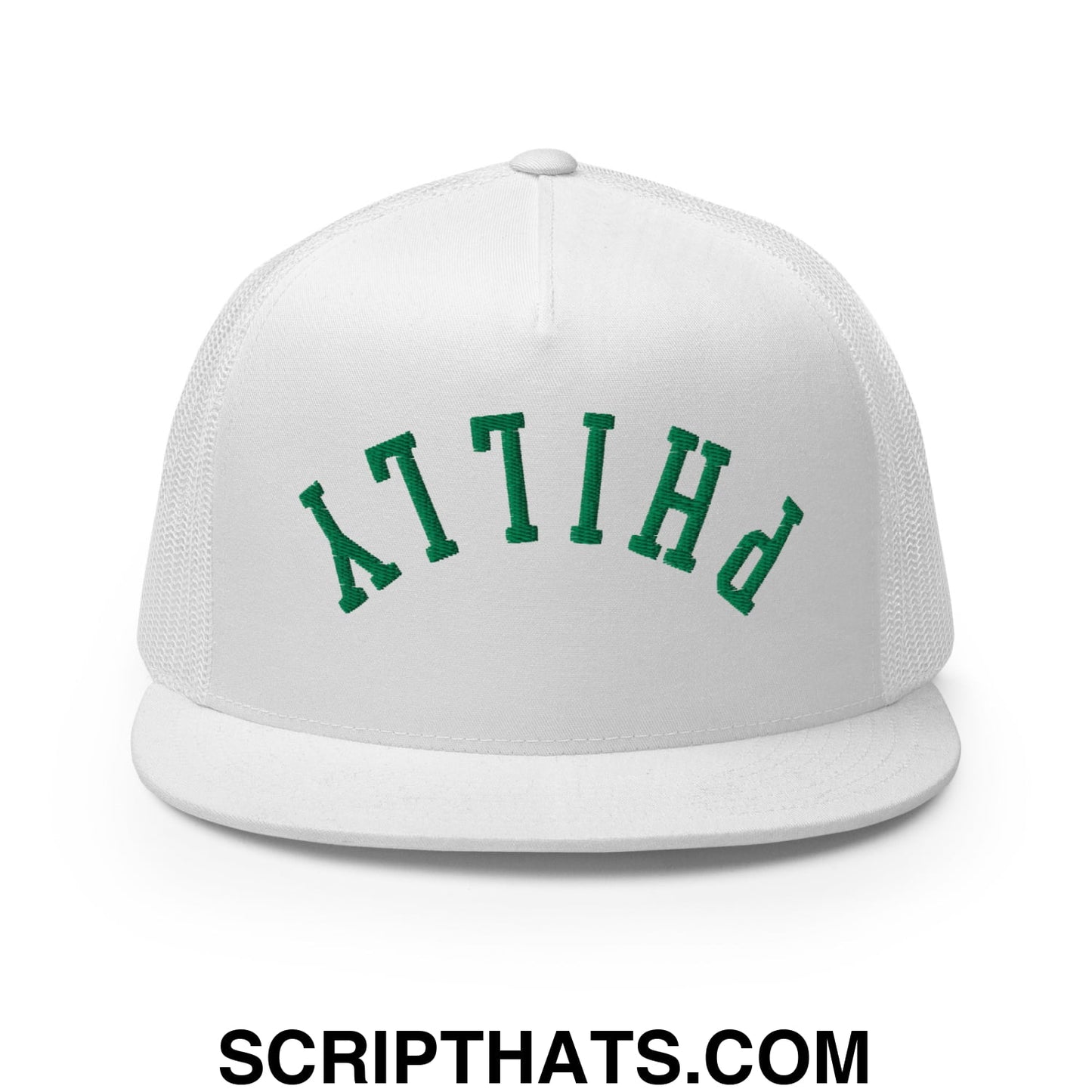 Upside Down Philly Football Embroidered Flat Bill Brim Trucker Hat White