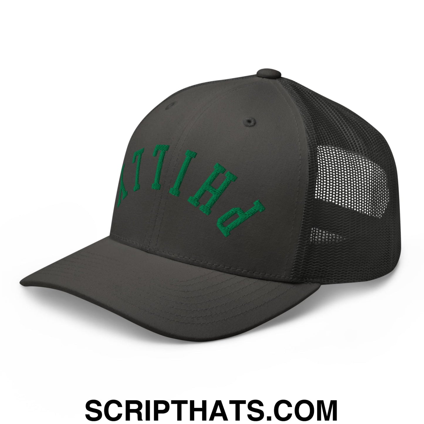 Upside Down Philly Football Embroidered Mesh Trucker Hat Charcoal
