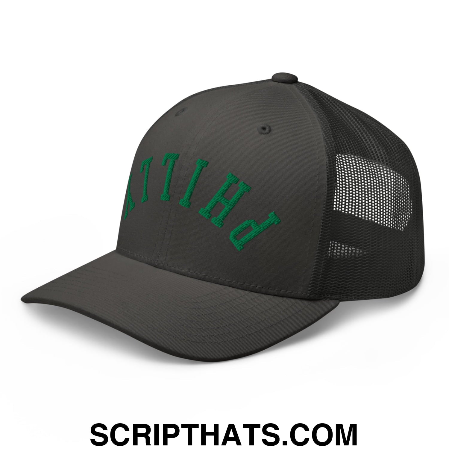 Upside Down Philly Football Embroidered Mesh Trucker Hat Charcoal
