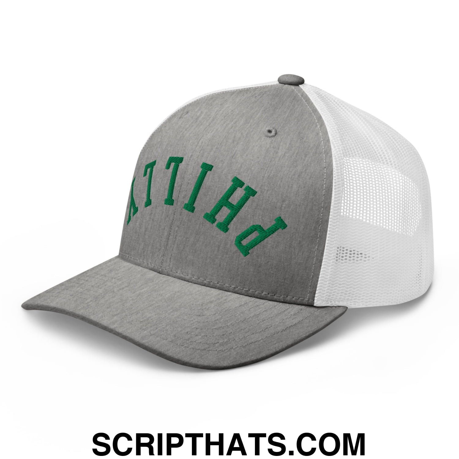 Upside Down Philly Football Embroidered Mesh Trucker Hat Heather Grey White