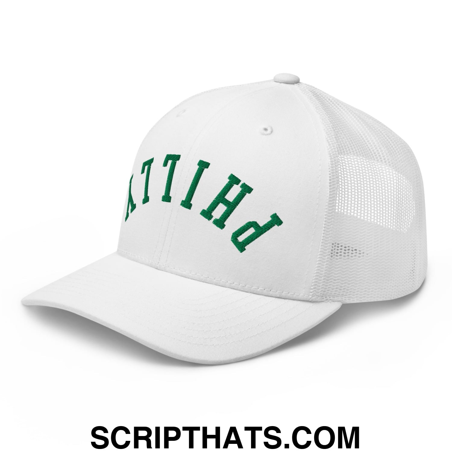 Upside Down Philly Football Embroidered Mesh Trucker Hat White