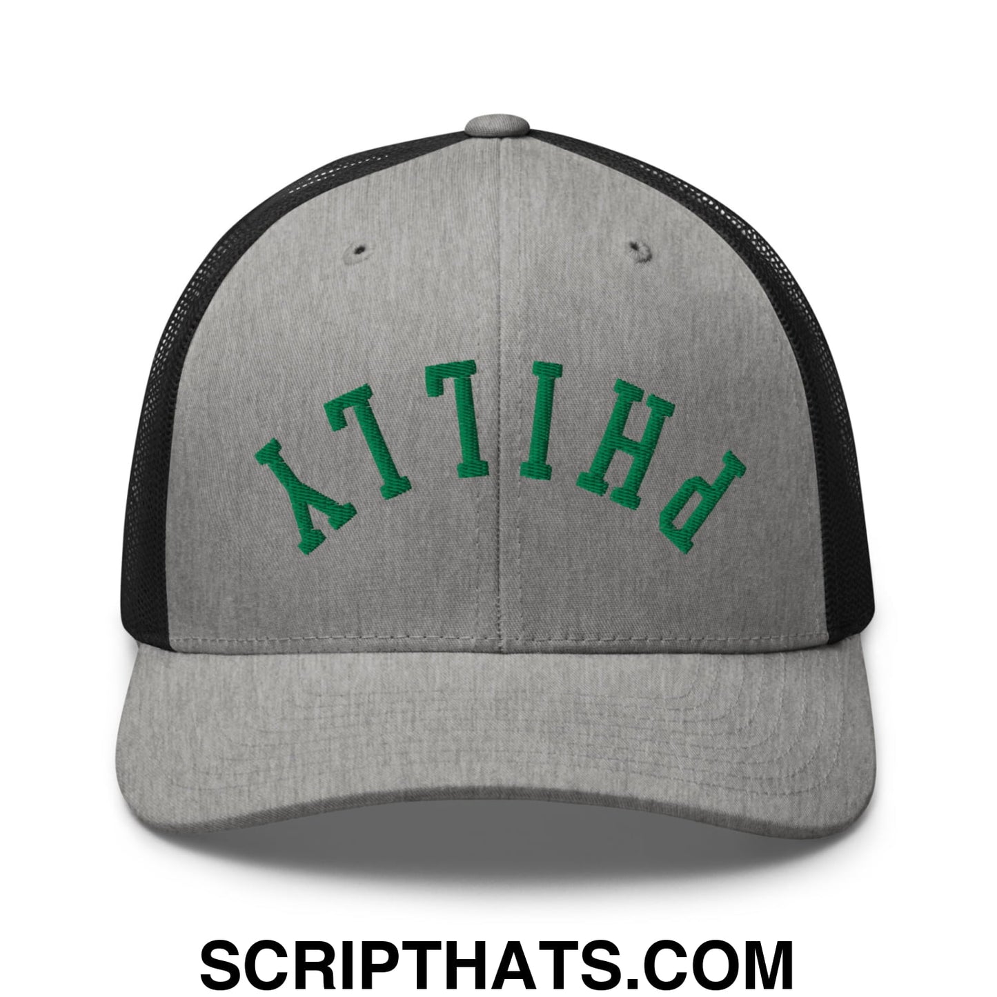 Upside Down Philly Football Embroidered Mesh Trucker Hat Heather Black