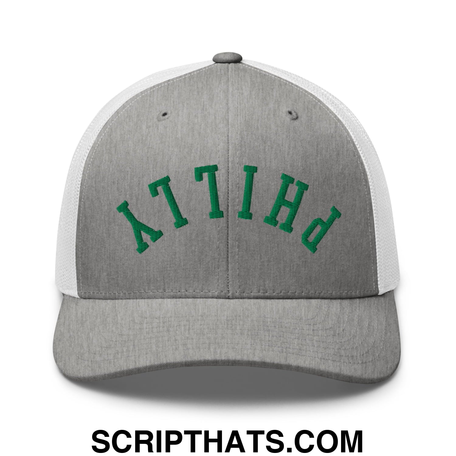 Upside Down Philly Football Embroidered Mesh Trucker Hat Heather Grey White