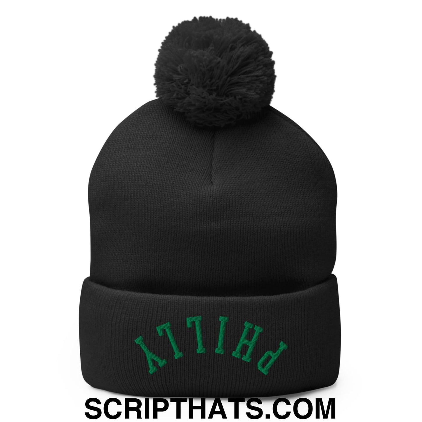 Upside Down Philly Football Embroidered Pom Pom Knit Beanie Black