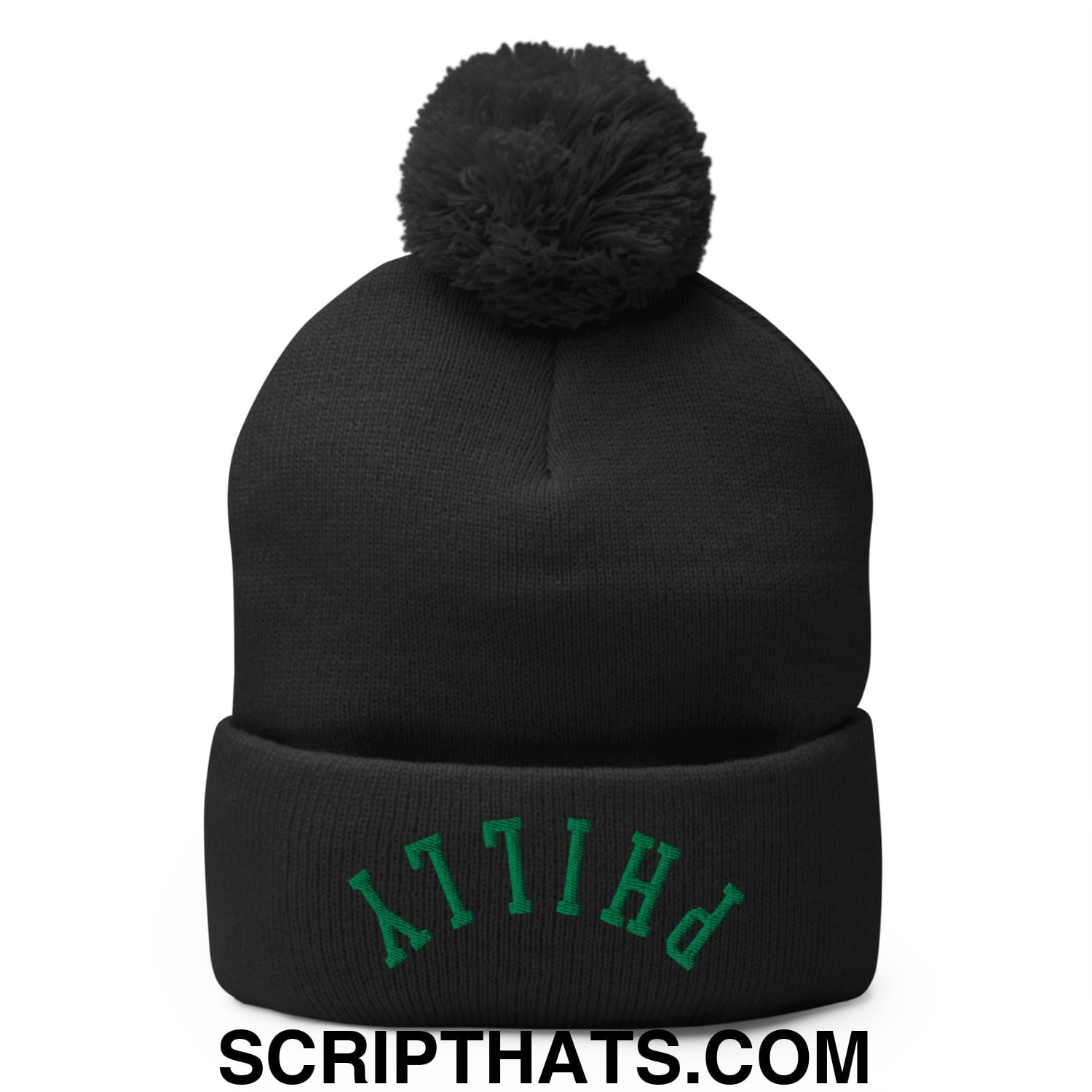 Upside Down Philly Football Embroidered Pom Pom Knit Beanie Black