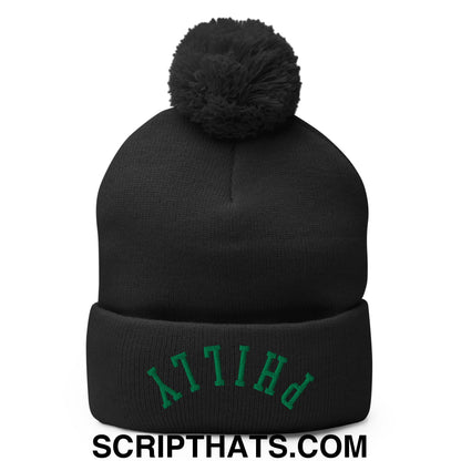 Upside Down Philly Football Embroidered Pom Pom Knit Beanie Black