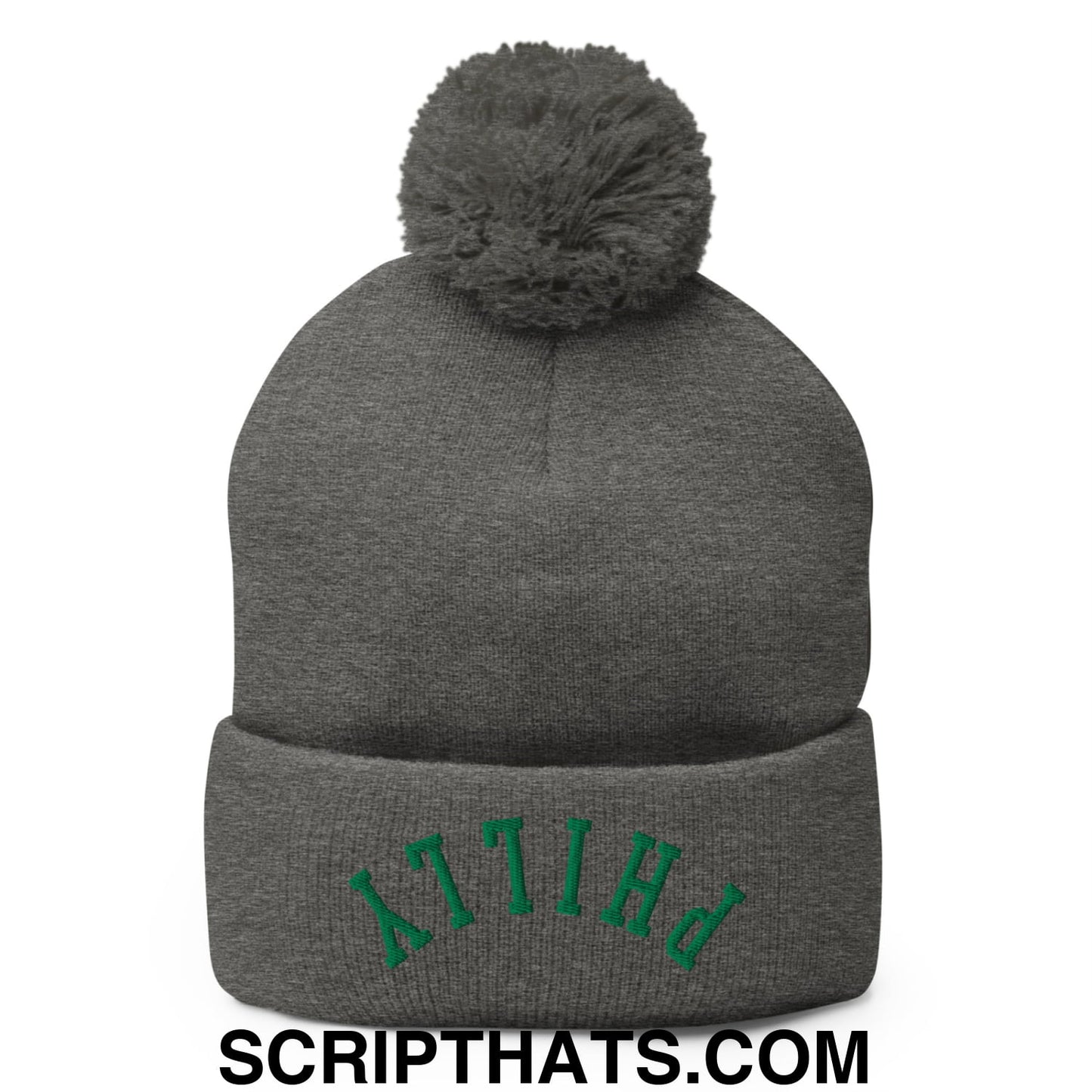 Upside Down Philly Football Embroidered Pom Pom Knit Beanie Dark Heather Grey