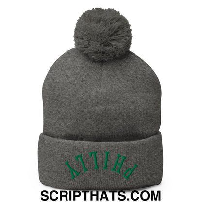 Upside Down Philly Football Embroidered Pom Pom Knit Beanie Dark Heather Grey