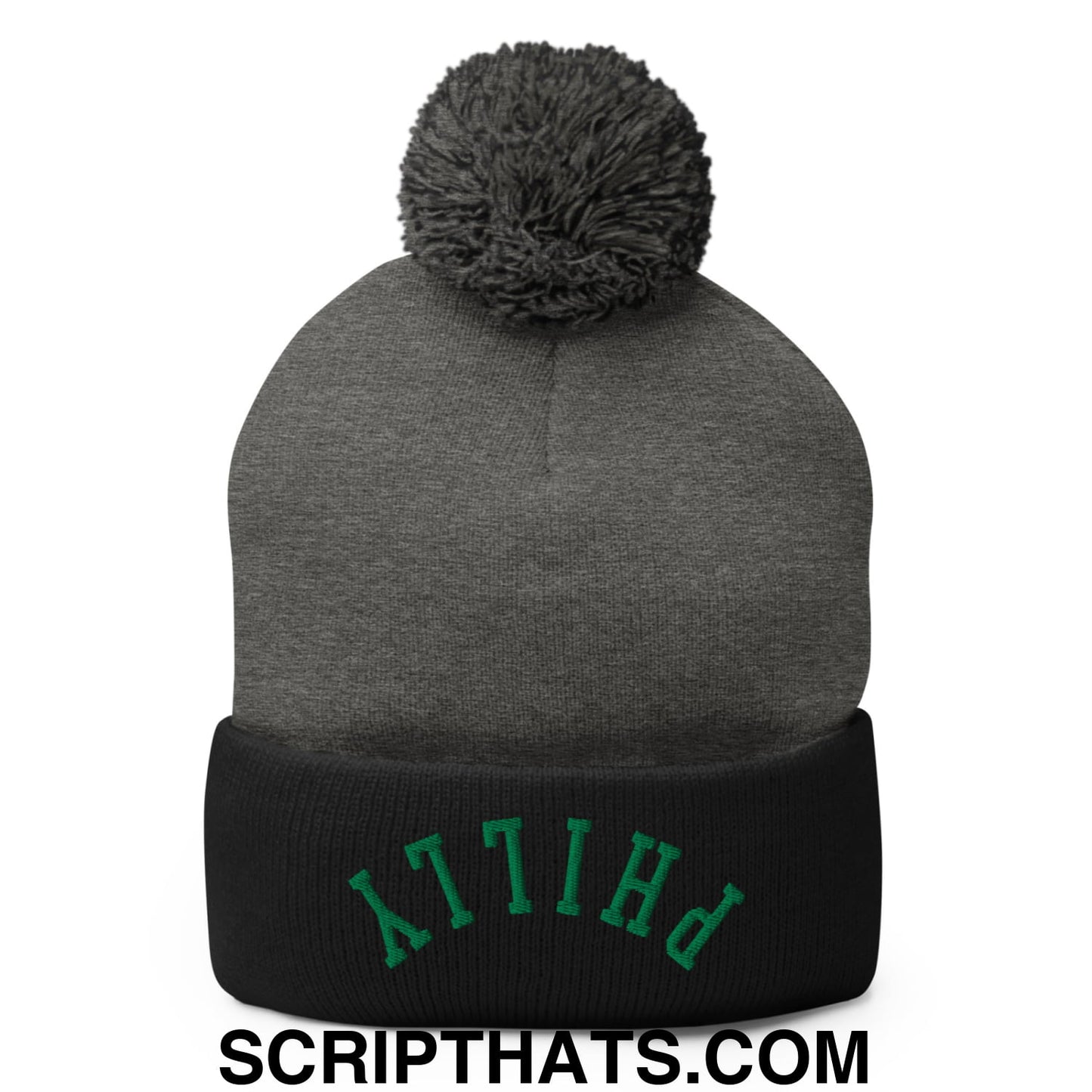 Upside Down Philly Football Embroidered Pom Pom Knit Beanie Dark Heather Grey Black
