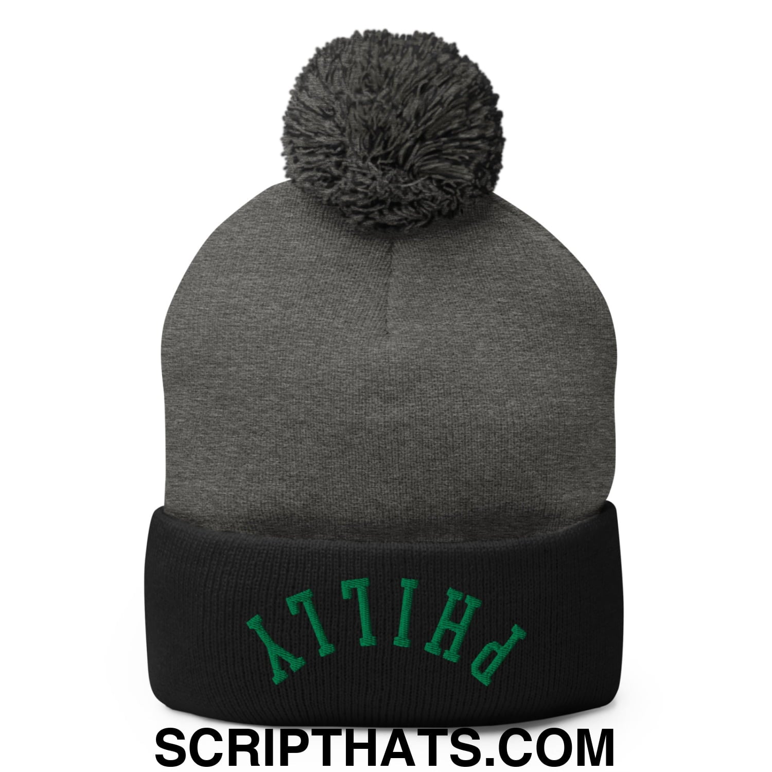 Upside Down Philly Football Embroidered Pom Pom Knit Beanie Dark Heather Grey Black
