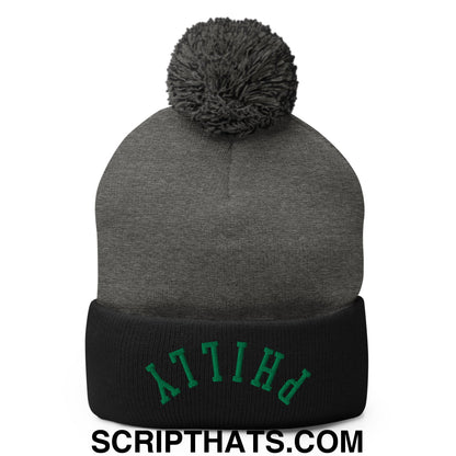 Upside Down Philly Football Embroidered Pom Pom Knit Beanie Dark Heather Grey Black