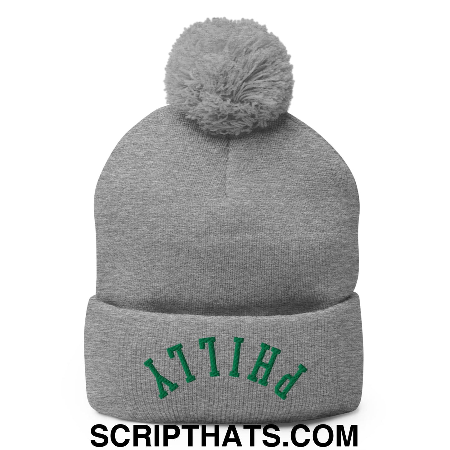 Upside Down Philly Football Embroidered Pom Pom Knit Beanie Heather Grey