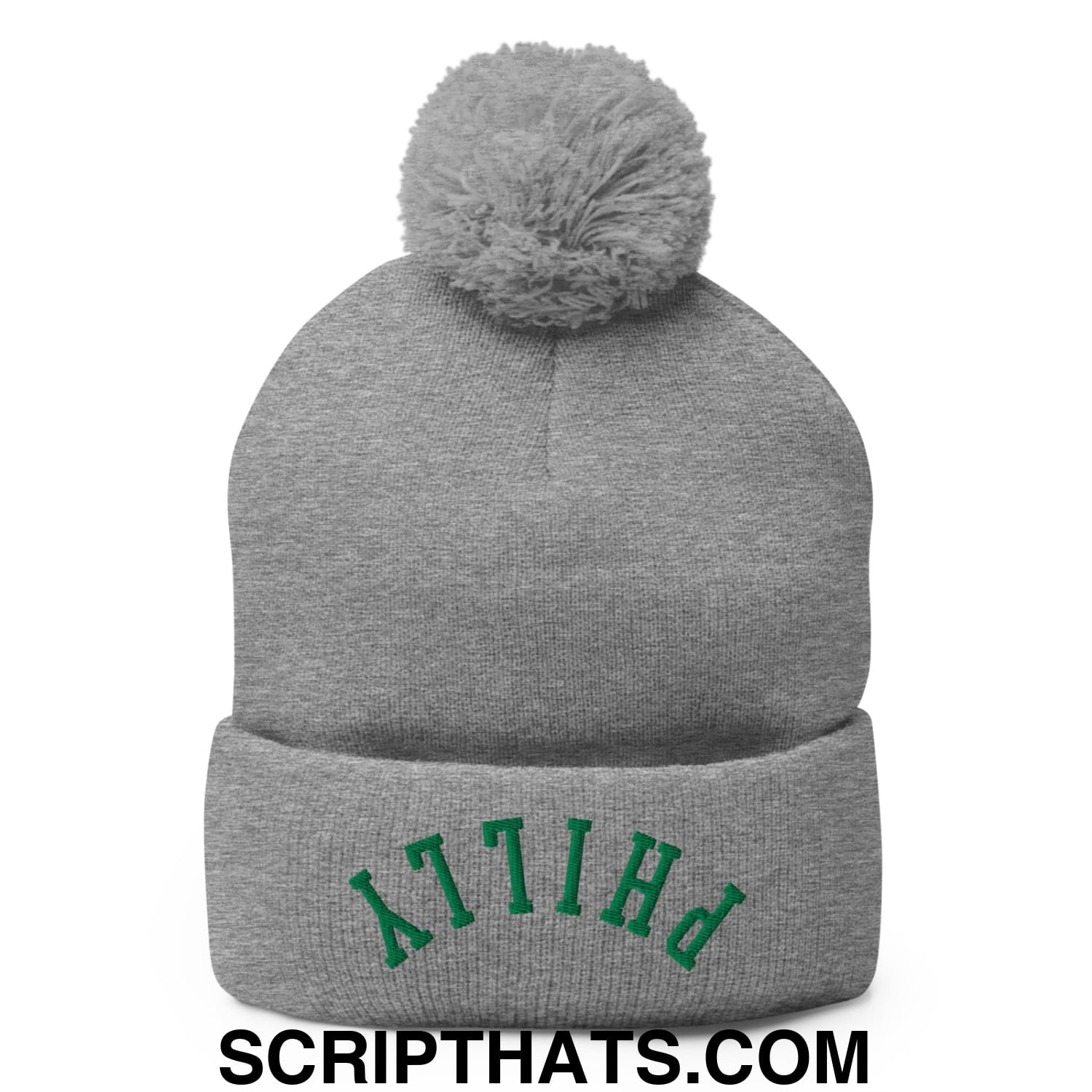 Upside Down Philly Football Embroidered Pom Pom Knit Beanie Heather Grey