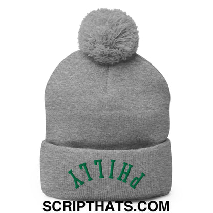 Upside Down Philly Football Embroidered Pom Pom Knit Beanie Heather Grey