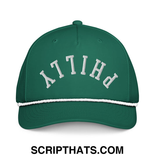 A dark green upside down philly football embroidered rope hat with white stitched brim and white embroidered lettering