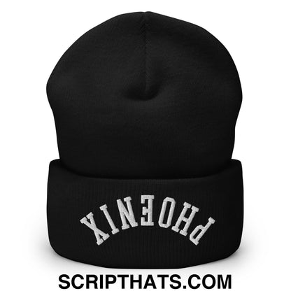 Upside Down Phoenix Embroidered Cuffed Knit Beanie Black