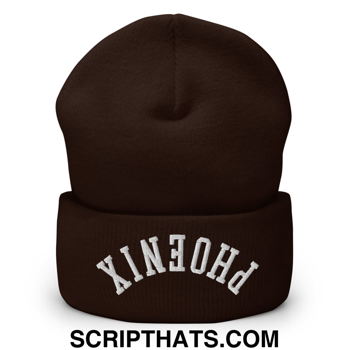 Upside Down Phoenix Embroidered Cuffed Knit Beanie Brown