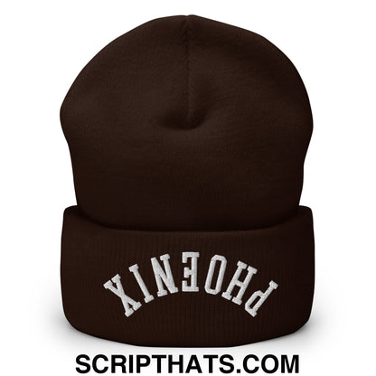 Upside Down Phoenix Embroidered Cuffed Knit Beanie Brown