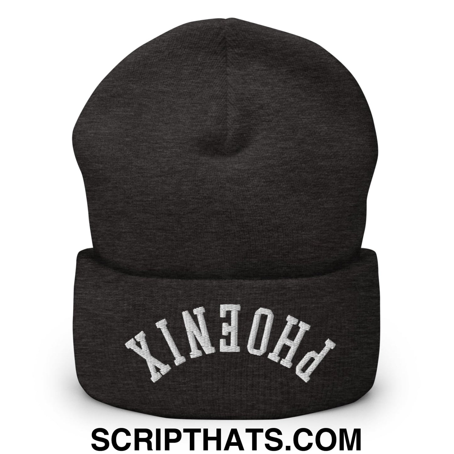 Upside Down Phoenix Embroidered Cuffed Knit Beanie Dark Grey