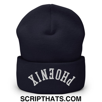Upside Down Phoenix Embroidered Cuffed Knit Beanie Navy