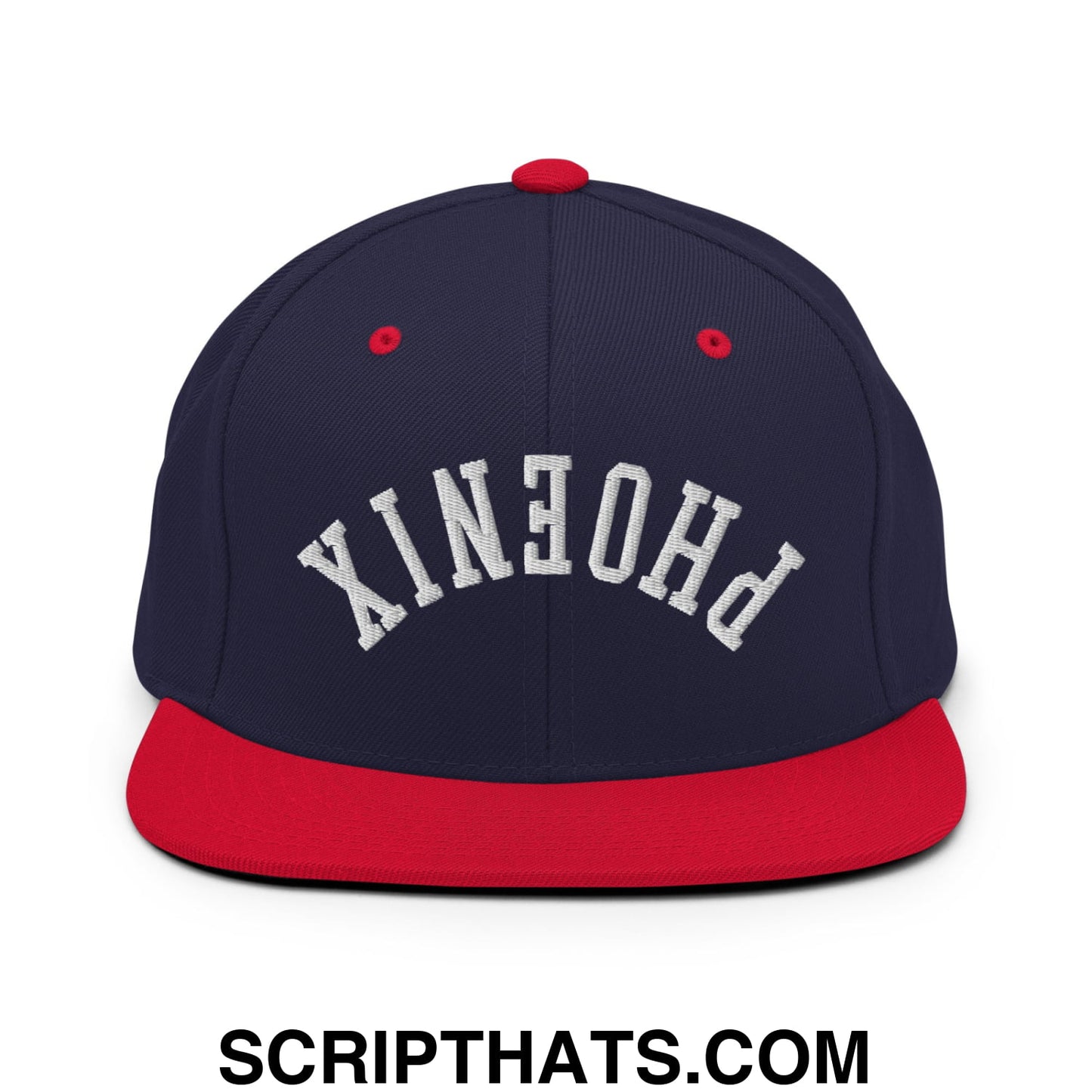 Upside Down Phoenix Embroidered Flat Bill Brim Snapback Hat Navy Red
