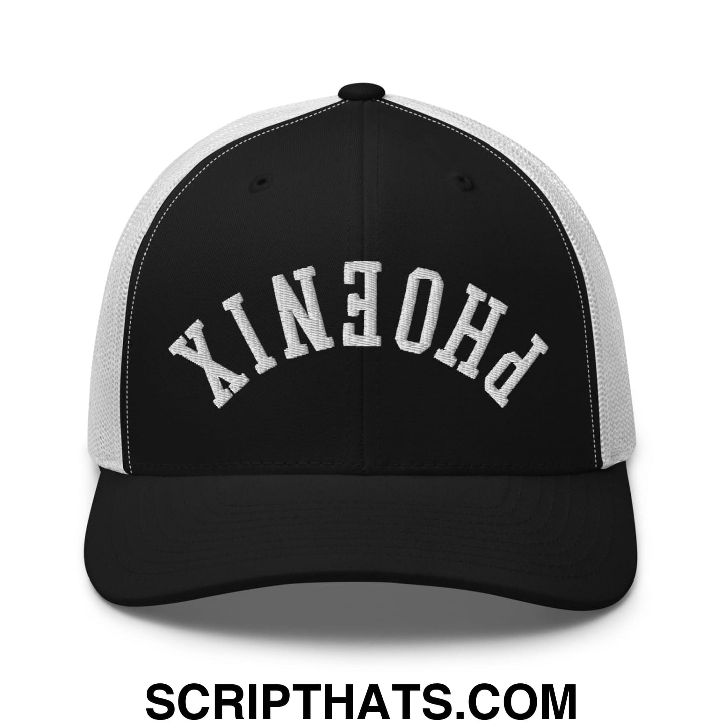 Upside Down Phoenix Embroidered Mesh Trucker Hat Black White