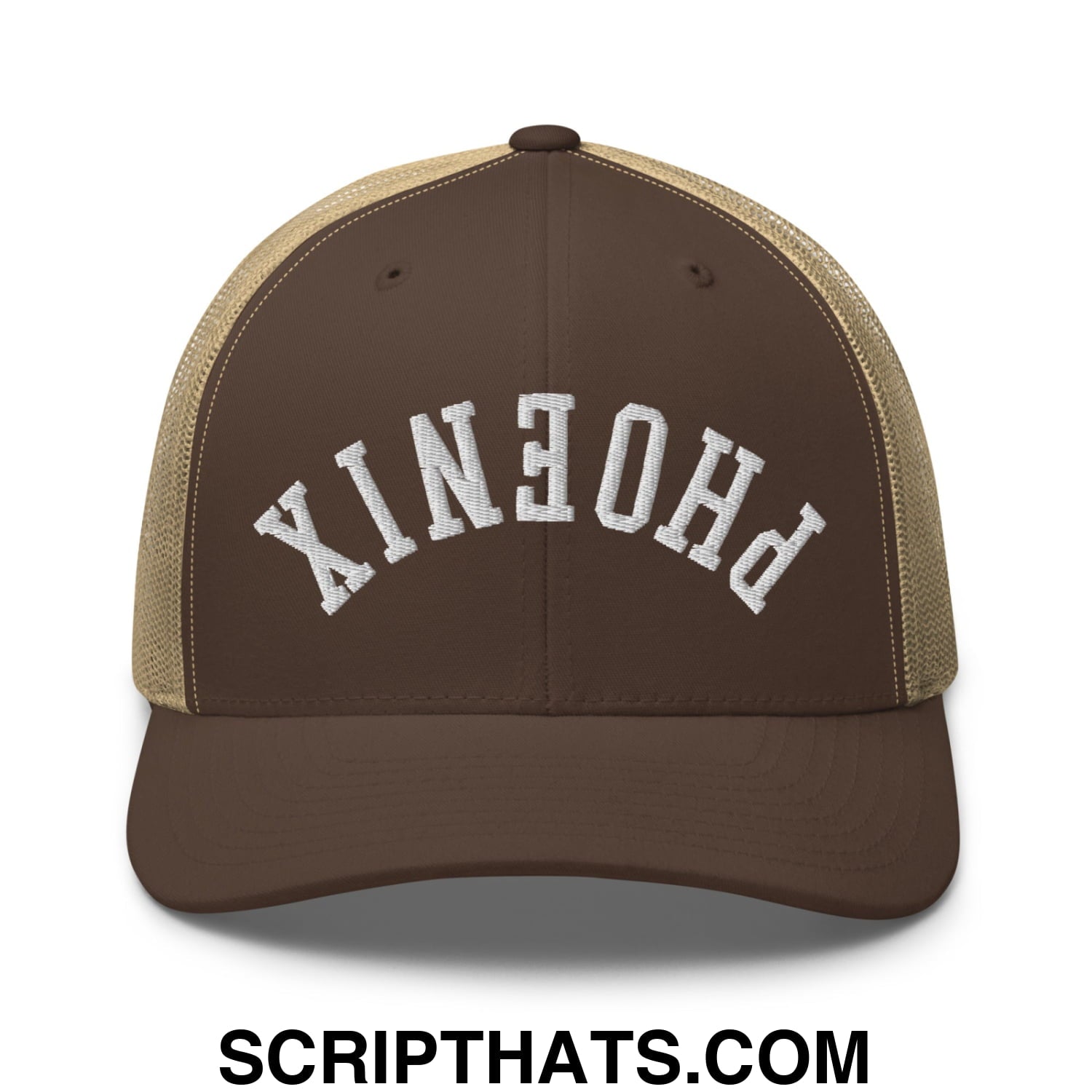 Upside Down Phoenix Embroidered Mesh Trucker Hat Brown Khaki