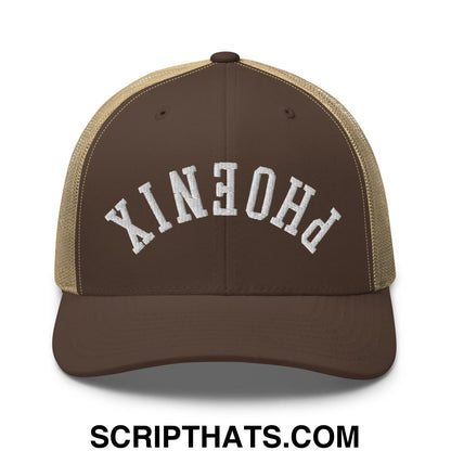 Upside Down Phoenix Embroidered Mesh Trucker Hat Brown Khaki