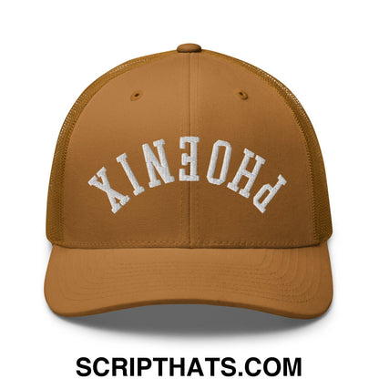 Upside Down Phoenix Embroidered Mesh Trucker Hat Caramel