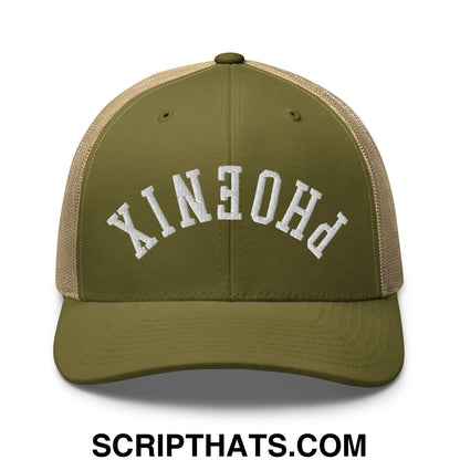Upside Down Phoenix Embroidered Mesh Trucker Hat Moss Khaki