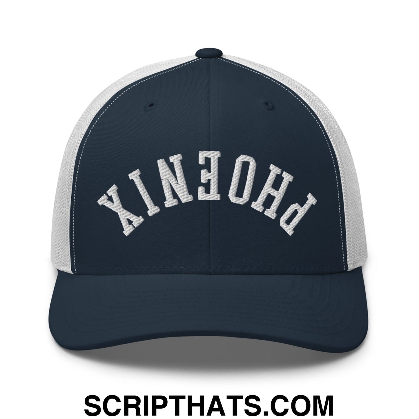 Upside Down Phoenix Embroidered Mesh Trucker Hat Navy White