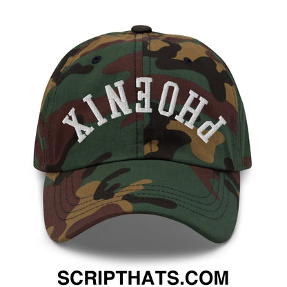 Upside Down Phoenix Embroidered Unstructured Dad Hat Green Camo