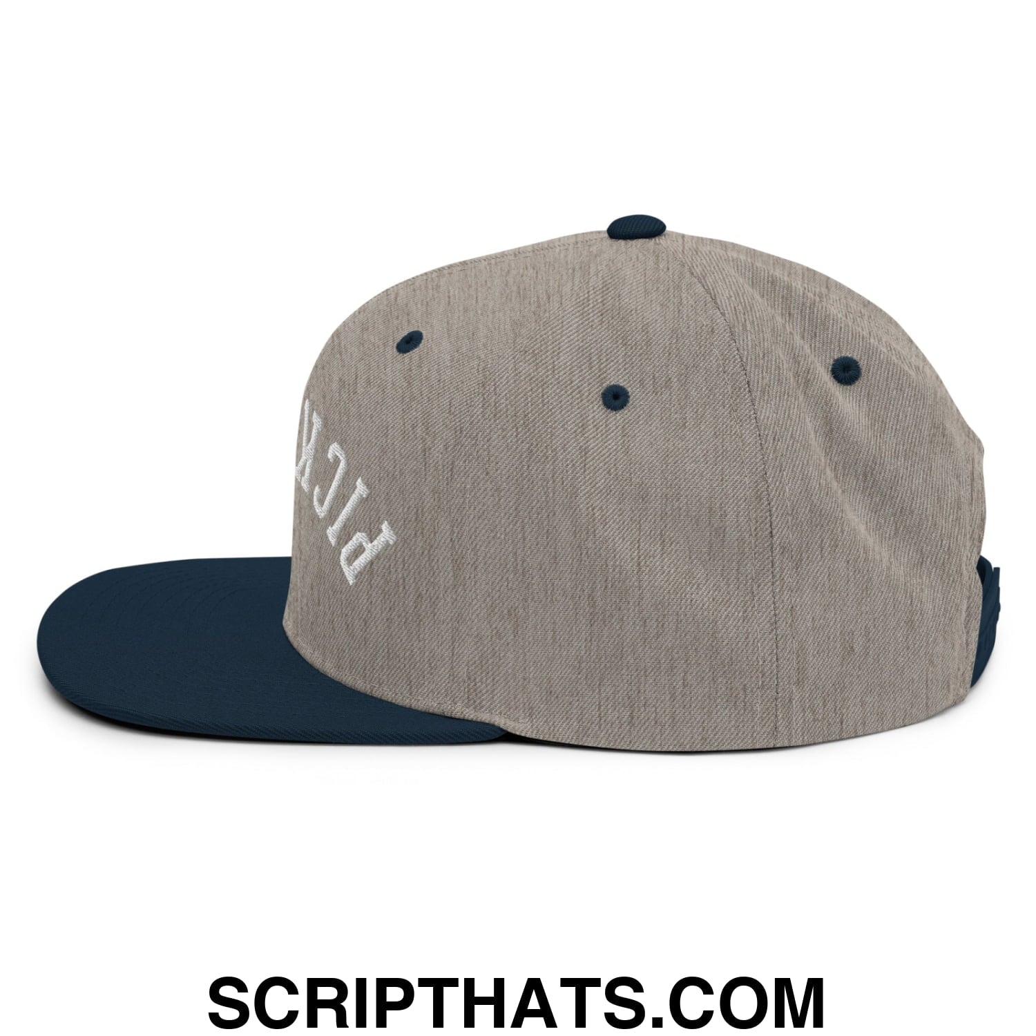 Gray and navy blue snapback hat with white embroidered lettering on the side from upside down pickleball collection
