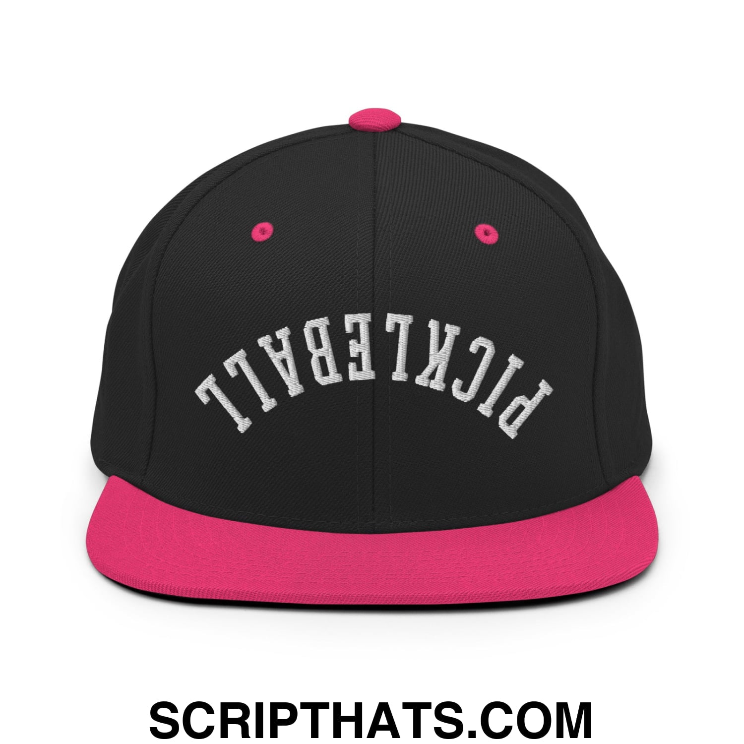Upside Down Pickleball Embroidered Flat Bill Brim Snapback Hat Black Neon Pink