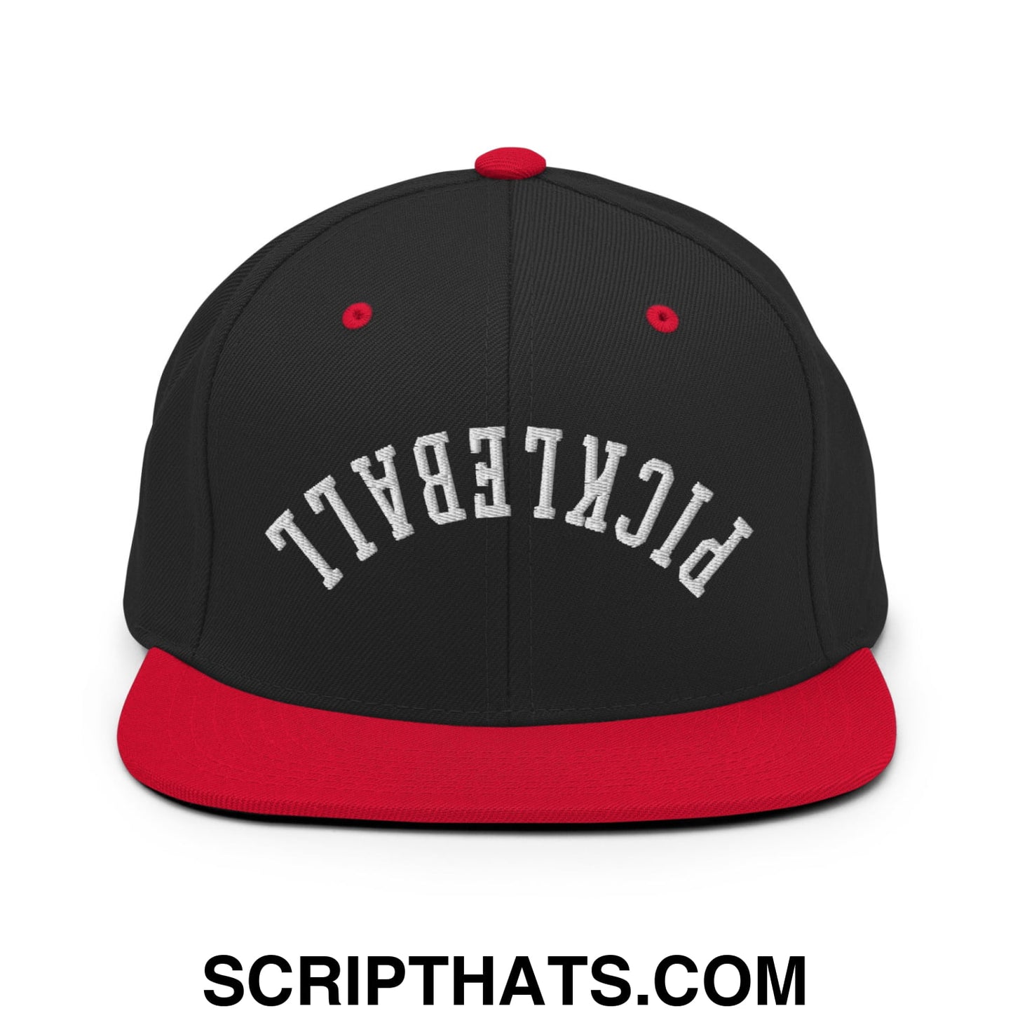 Black and red snapback cap with white pickleball embroidered in arched lettering upside down pickleball flat bill hat